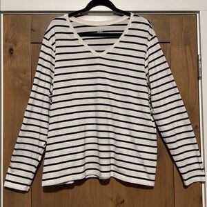 Lands' End 100% Cotton Striped V-Neck Long Sleeve T-Shirt Womens XL Beach Preppy